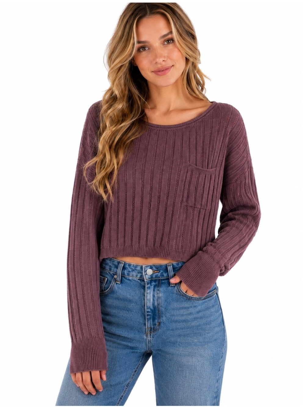 NATURAL LIFE Cropped Ribbed Scoop-Neck Sweater — Mauve Plum